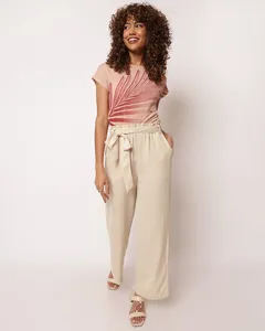 Calça Feminina Pantalona Texturizada Faixas Para Amarração Bege GG