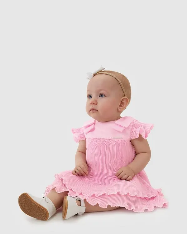 Conjunto Bebê Menina Vestido Crepe Plissado + Calcinha Tricoline - Carinhoso Rosa - 24M