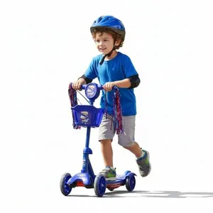 Patinete Infantil 3 Rodas Dobrável com Som e Luz Brilhantes Cestinha Frontal Azul Patinete Infantil 3 Rodas Dobrável com Som Luz Cestinha Azul