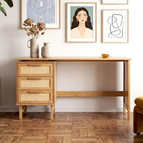 Escrivaninha em Madeira Maciça 3 Gavetas Rattan 150cm Magna CabeCasa MadeiraOriginals Mel