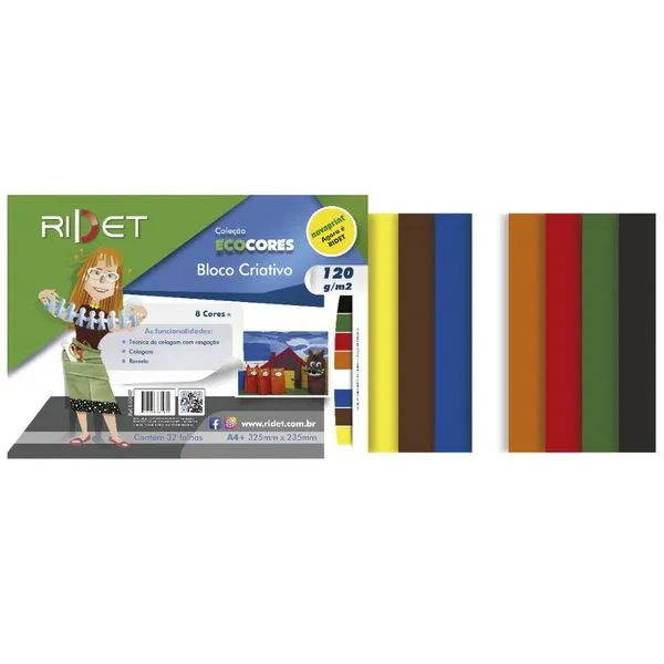 Bloco Ecocores Criativo 8 Cores 32 Folhas A4 75g 21x29,7cm 010009 - Ridet