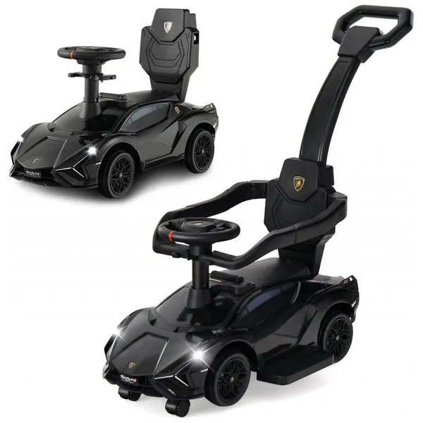 Carrinho de Passeio Infantil 3 em 1 com Rodas Universais, Alça, Guarda Corpos Removíveis e Música, OLAKIDS Lamborghini, Preto 110v