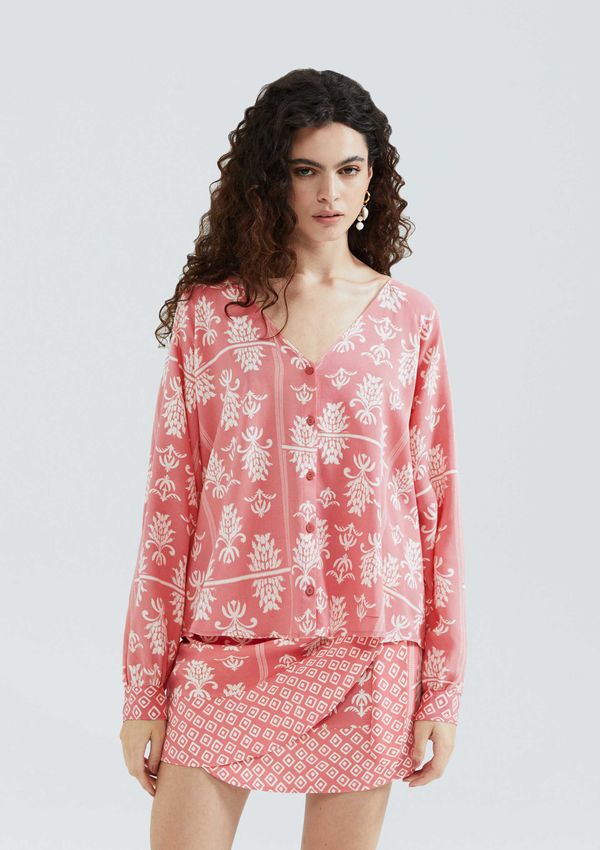 Blusa Feminina Manga Longa Estampada Em Viscolinho - Vermelho XG
