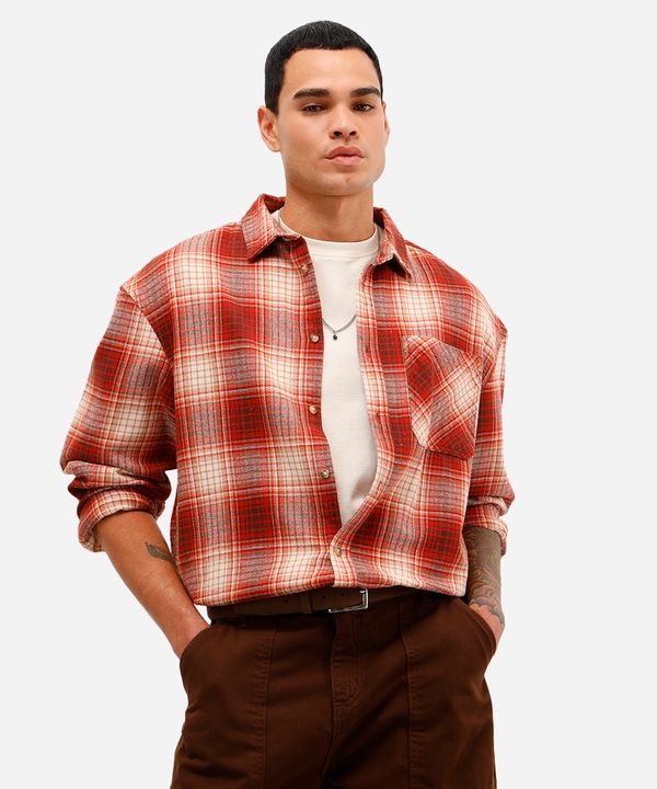 camisa masculina de algodão manga longa xadrez vermelha G