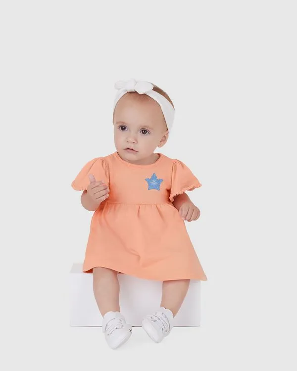 Vestido Infantil Estampa Brilho Do Mar! Em Malha Texturizada Malwee Kids Laranja - 3M