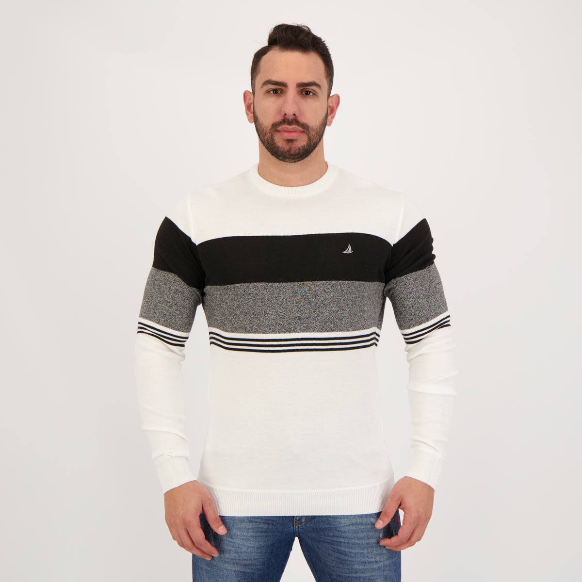 Suéter Balboa Multi Listras Branco e Preto