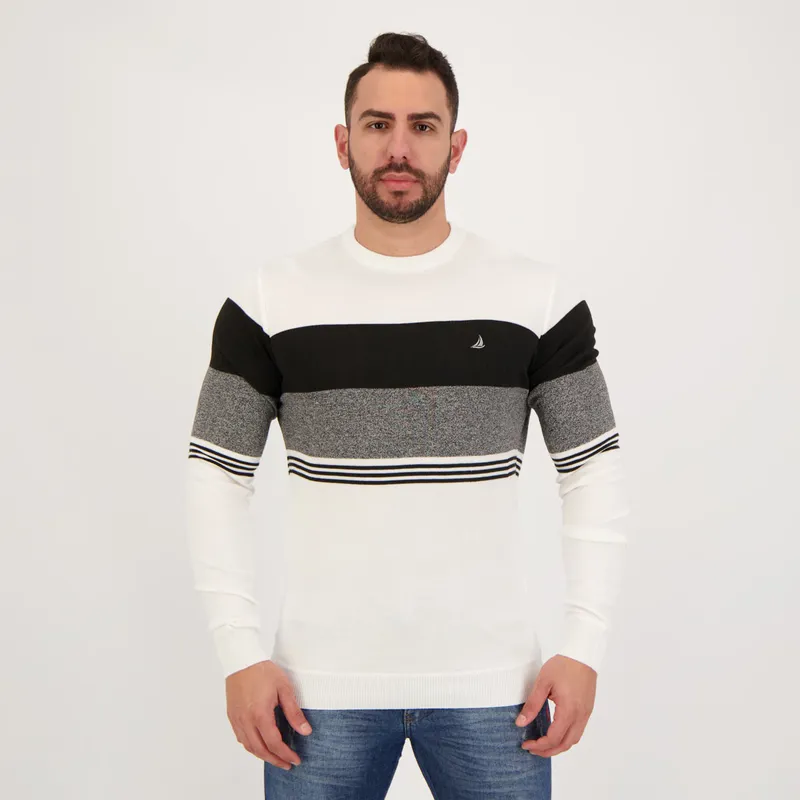 Suéter Balboa Multi Listras Branco e Preto