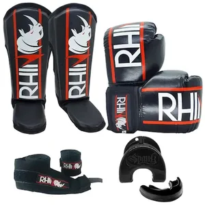 Kit de Treino Muaythai Rhino com Luva + Caneleira + Bandagem + Bucal - Adulto