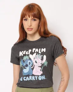 Camiseta Feminina Disney Stitch e Angel Manga Curta Cinza G