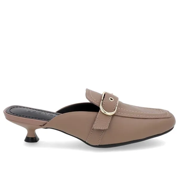 Mule Marrom Claro Couro Salto Kitten Fivela 35
