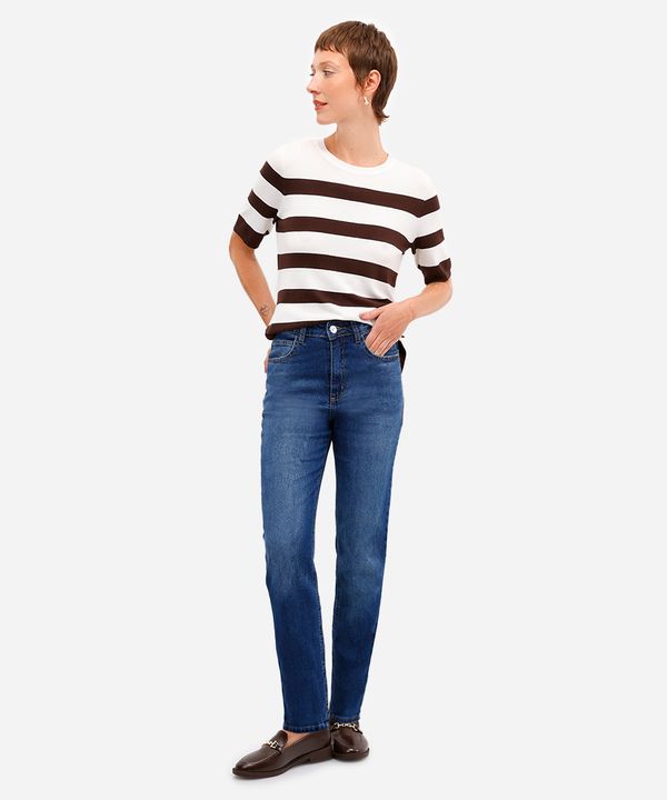 calça mom feminina jeans cintura alta azul 46