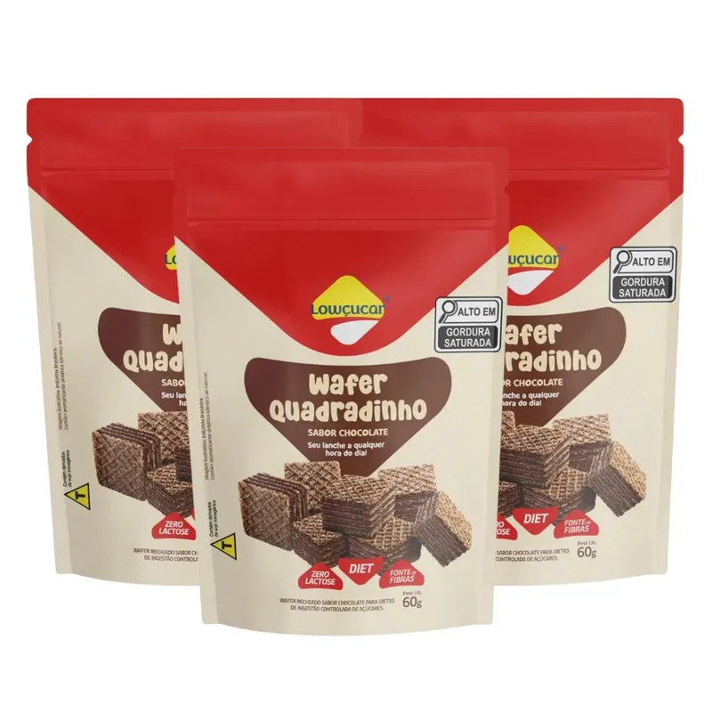 Kit Biscoito Wafer Quadradinho Diet Zero Lactose Chocolate Lowçúcar 3 Unidades 60g