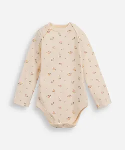 body infantil de algodão manga longa floral bege 6-9