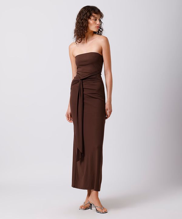 vestido midi feminino sem alça com franzido mindset marrom M