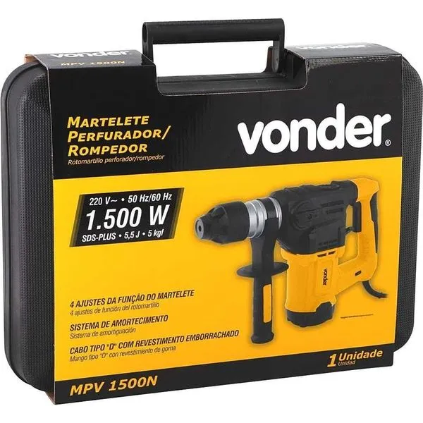 Martelete Perfurador e Rompedor MPV 1500 1500W 110V com Maleta Plástica e Sistema SDS Plus Vonder Martelete Perfurador e Rompedor MPV 1500 1500W 110V com Maleta Plástica Vonder