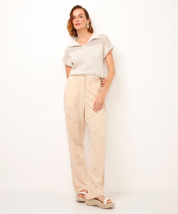 calça reta de viscose bordada bege 40