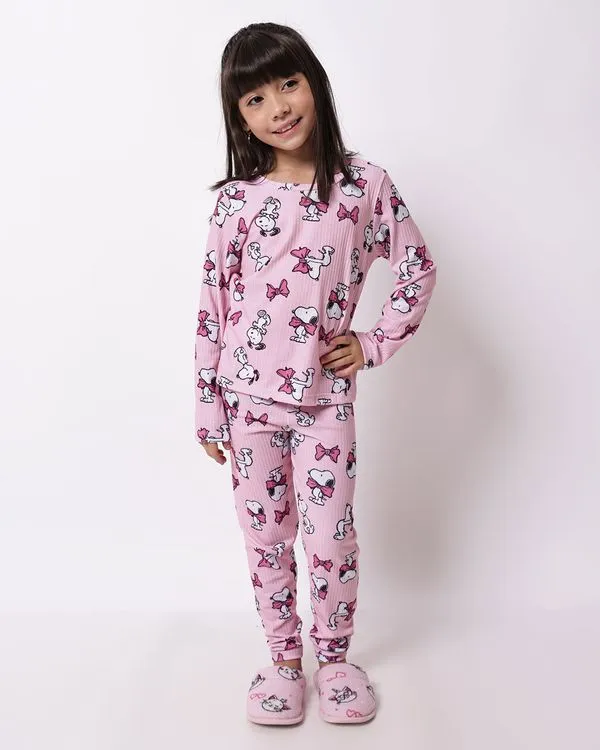 Pijama Infantil Longo Canelado Snoopy Rosa 8