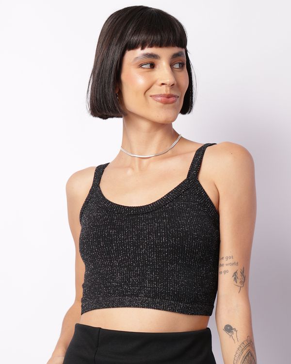 Blusa Feminina Cropped Alcinha com Lurex Preta P
