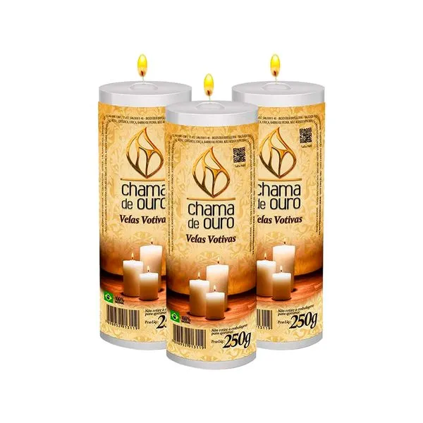 Kit 3 Velas Votiva Premium Branca 250g - Chama de Ouro