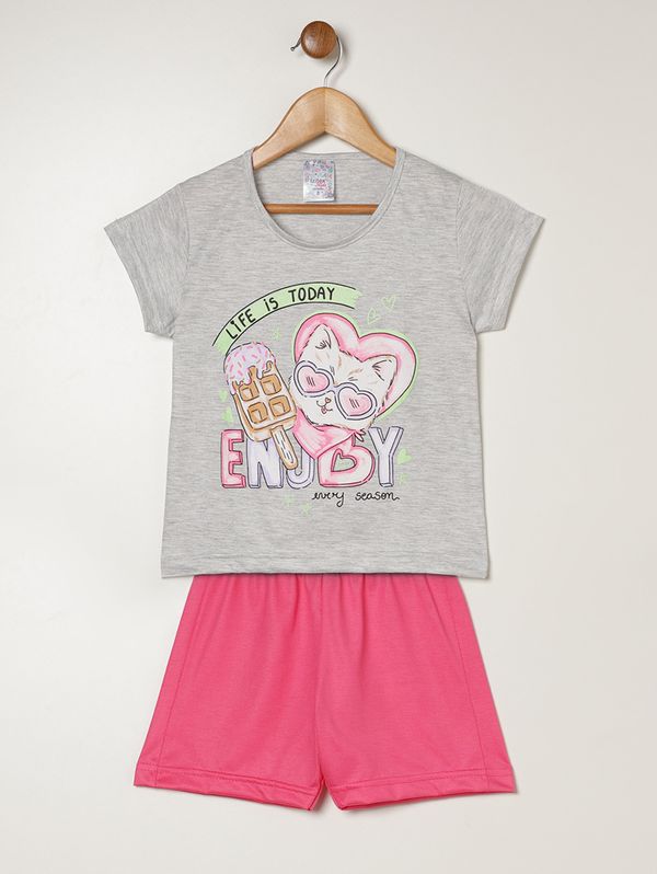 Pijama Curto Estampado Infantil Para Menina - MESCLA/PINK 3