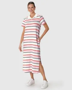 Vestido Polo Midi Feminino Bolso Funcional Fenda Lateral Em Algodão Listrado Rosa - G