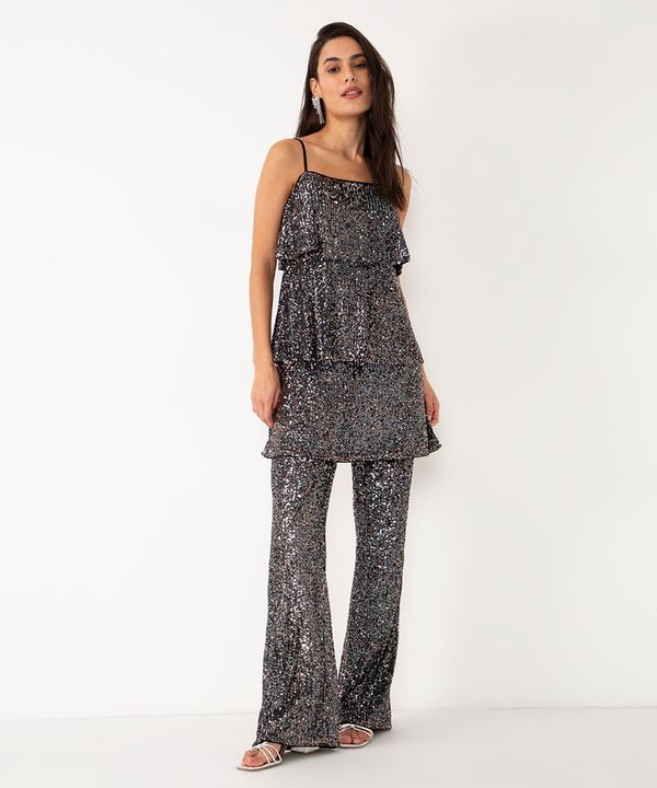 calça flare de paetê cintura alta colorido 40
