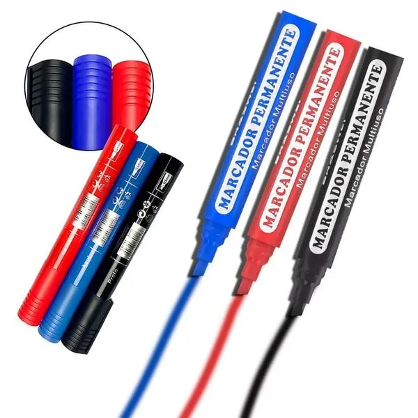 Marcador Permanente Kit com 3 Cores Preto Azul Vermelho com Secagem Rápida e Ponta Chanfrada 1MM a 5MM para Traços Finos Marcador Permanente Kit com 3 Cores Preto Azul Vermelho com Secagem Rápida e Ponta Chanfrada 1MM