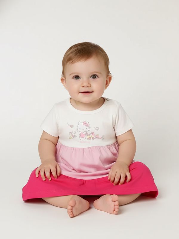 Vestido Hello Kitty Infantil Para Bebê Menina - OFF WHITE/ROSA/PINK P