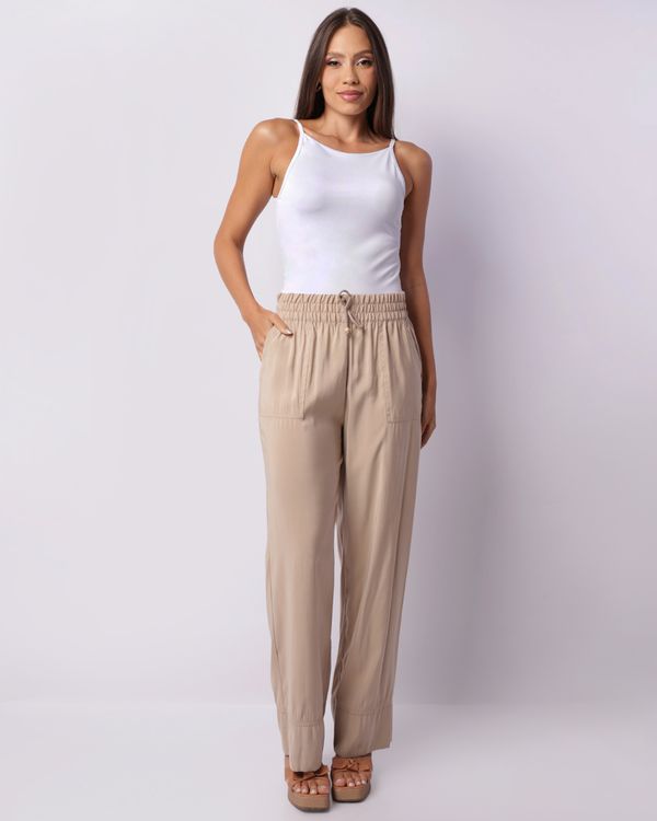 Calça Feminina Pantalona Berry & Co. Viscose Bolsos Bege GG