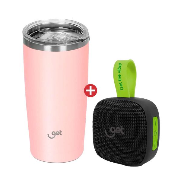 Kit com Caixa de Som Bluetooth TWS Get Connect 10W RMS Preto + Copo Térmico Get Inox 600ml para bebidas quentes ou frias com tampa Rosa Claro