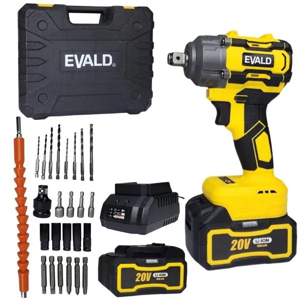 Chave de Impacto 1-2 Pol 20V Brushless Ev-3500 com 2 Baterias 4,0Ah Maleta e Kit 25 Acessórios Evald Chave de Impacto 1-2 Pol 20V Brushless Ev-3500 com 2 Baterias 4,0Ah e Maleta Evald