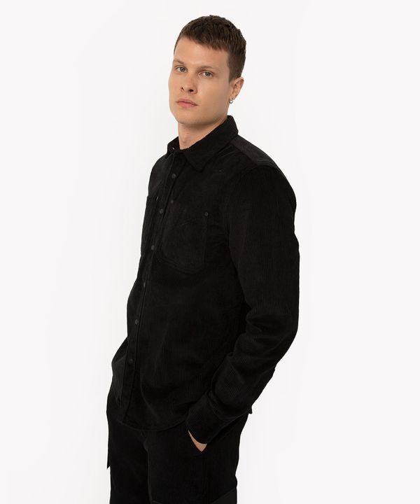 camisa de veludo com bolsos manga longa preto M