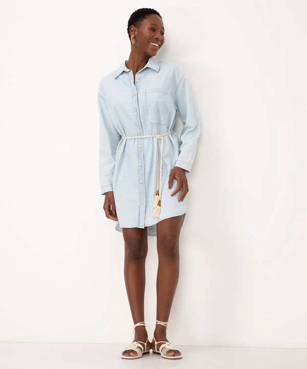 chemise jeans curta manga longa com cordão azul claro PP