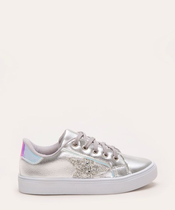 tênis infantil metalizado estrela glitter prata 34