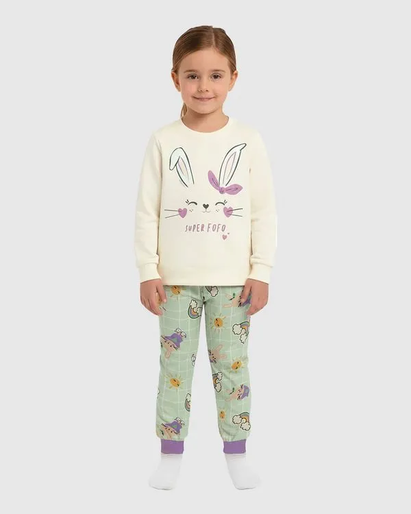 Pijama Longo Infantil Menina Estampa Super Fofo + Fronha Algodão Malwee Kids Off White - 1