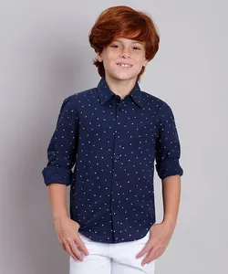 Camisa Infantil Estampada Mini Print de Letras Manga Longa Azul Marinho 10
