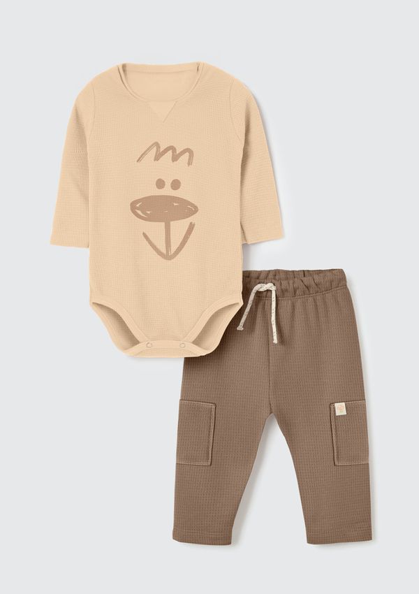 Conjunto Longo Bebê Menino Com Aplique - Bege 18M