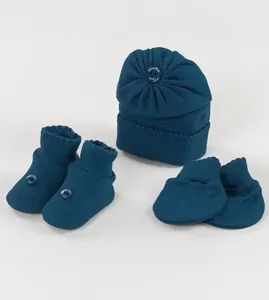 Kit Touca Luva e Sapato Botão Azul Jeans - Tam. RN Azul