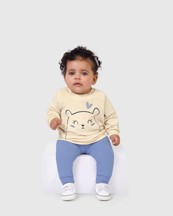 Conjunto Infantil Menina Blusão Com Bordado Em Pelúcia Malwee Kids Off White - G