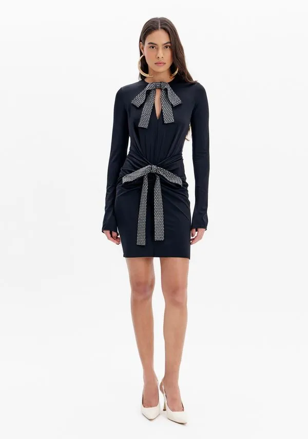 Vestido Curto Manga Longa Laços Preto PP