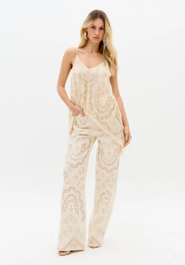 Calça Sarja Wide Leg Cintura Super Alta Com Aplicações Branco 40