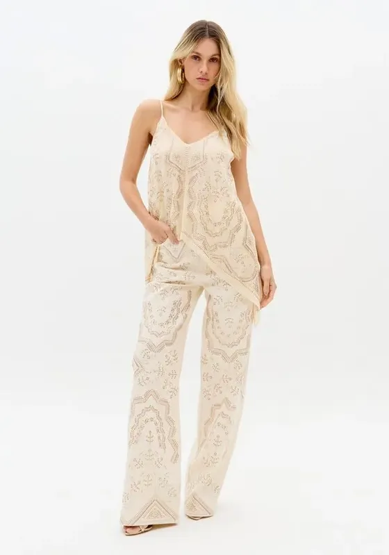 Calça Sarja Wide Leg Cintura Super Alta Com Aplicações Branco 40