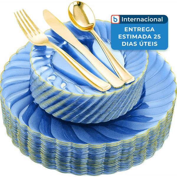 Conjunto de Pratos Youbet 125 Peças Descartáveis Para Aniversário Transparente Azul A-MBI