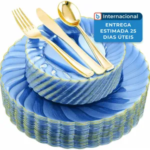 Conjunto de Pratos Youbet 125 Peças Descartáveis Para Aniversário Transparente Azul A-MBI