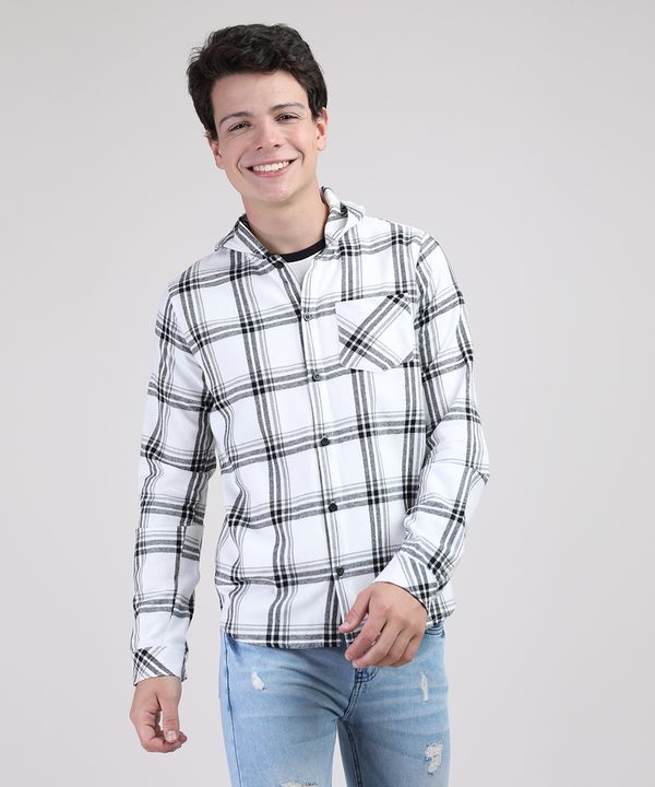 Camisa Juvenil em Flanela Estampada Xadrez com Capuz Manga Longa Branca 14