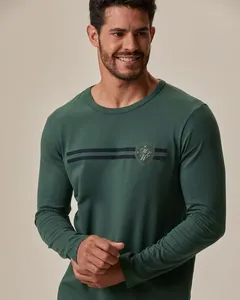 Camiseta Masculina Slim Manga Longa Estampada Em Algodão Verde - M