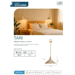 Pendente Tari 35cm P-tari-35 com Cúpula em Fibra Natural para Lâmpada E27 Bivolt e Cabo Ajustável Pendente Tari 35cm P-tari-35 com Cúpula em Fibra Natural para Lâmpada E27 Bivolt
