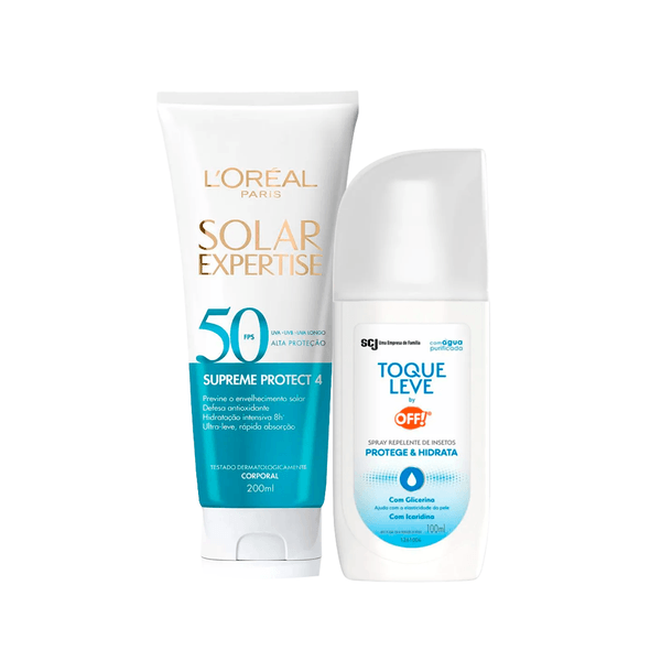 Kit Loreal Paris Protetor Solar Expertise Supreme FPS50 200ml + Repelente Off! Toque Leve Sem Perfume Spray 100ml