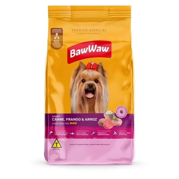 Ração Baw Waw Cão Adulto Raças Mini Carne, Frango e Arroz 900g