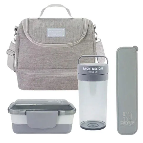 Kit Bolsa Térmica Pote Marmita 950ml Garrafa 550ml E Porta Talheres Joy Cinza